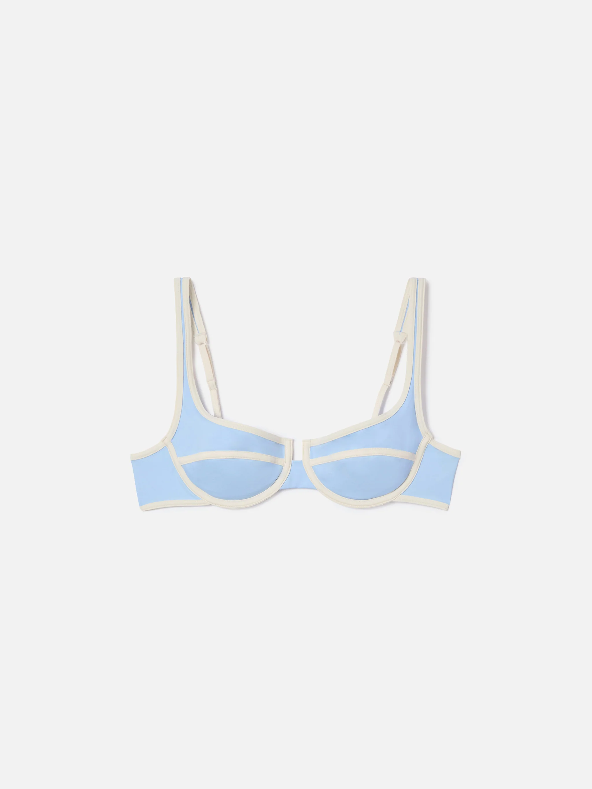 Amira String balconette bikini top in light blue with white trims