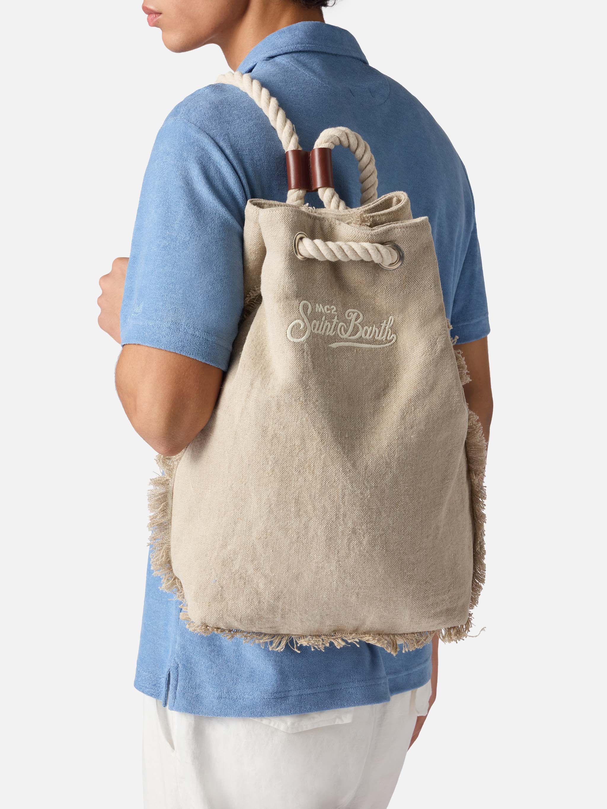 Boat beige linen backpack with printed logo - Image 2