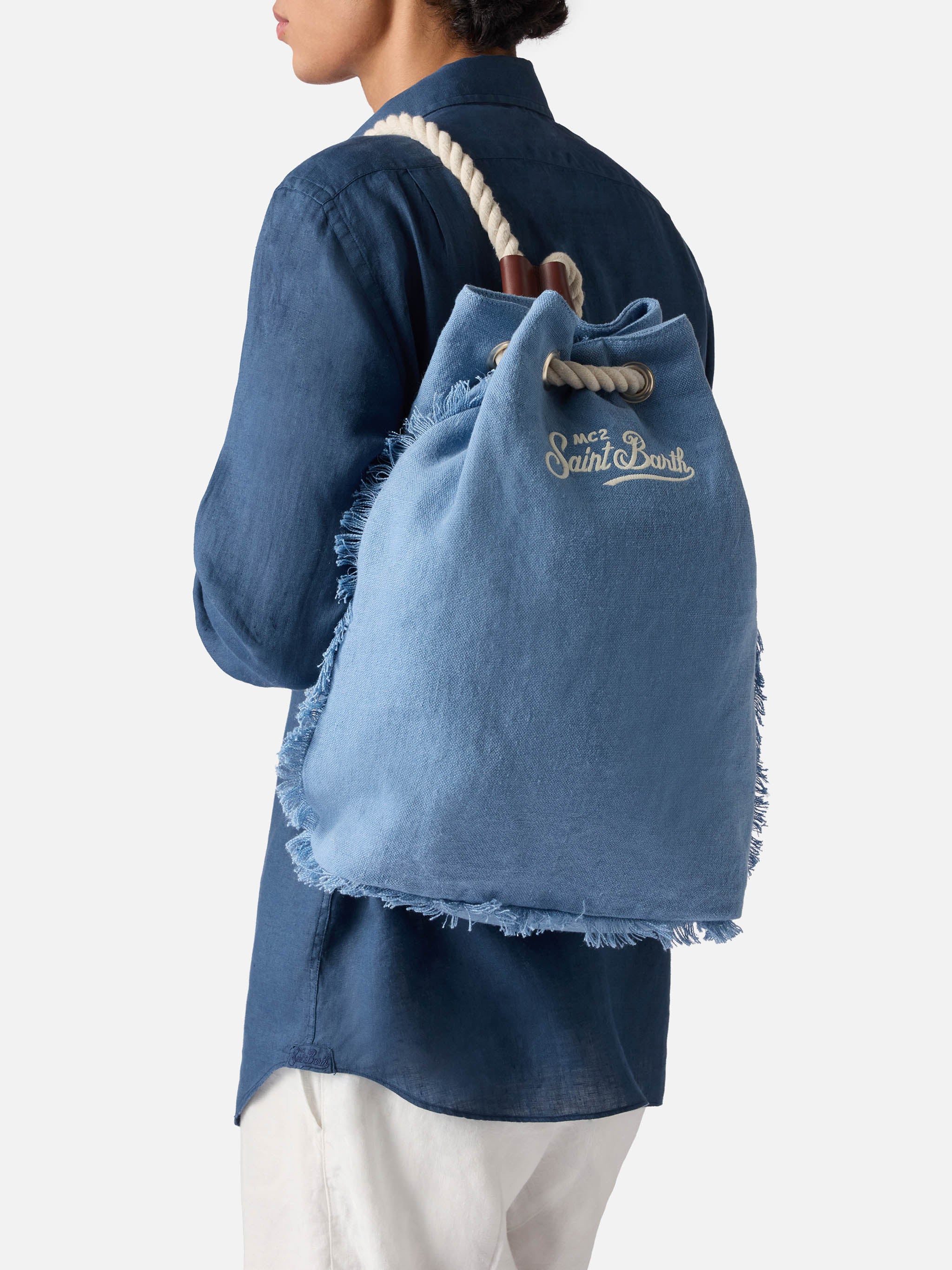 Boat blue linen backpack with printed logo - Image 2