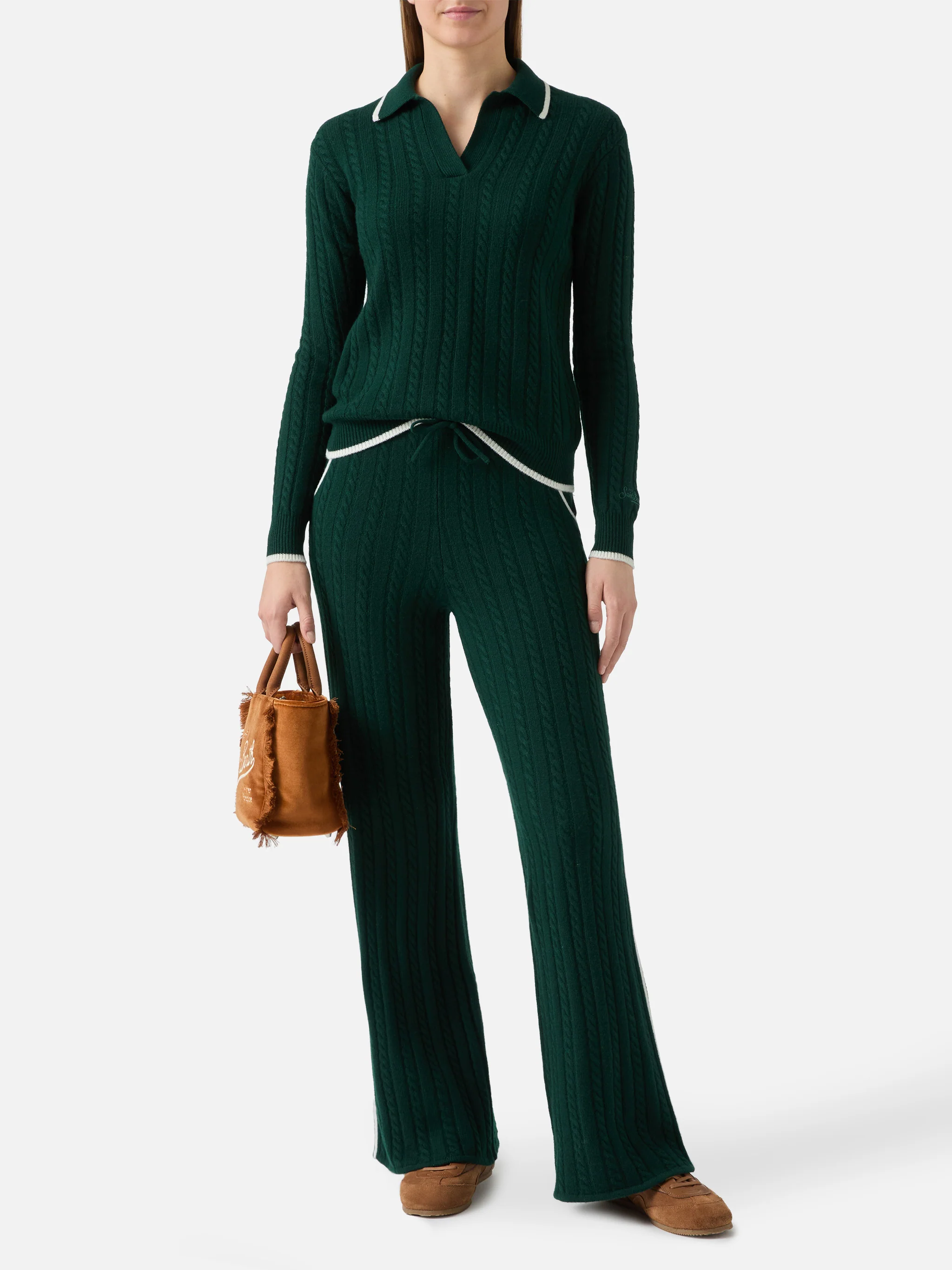 Clichy cable-knit wool polo in British green - Image 3