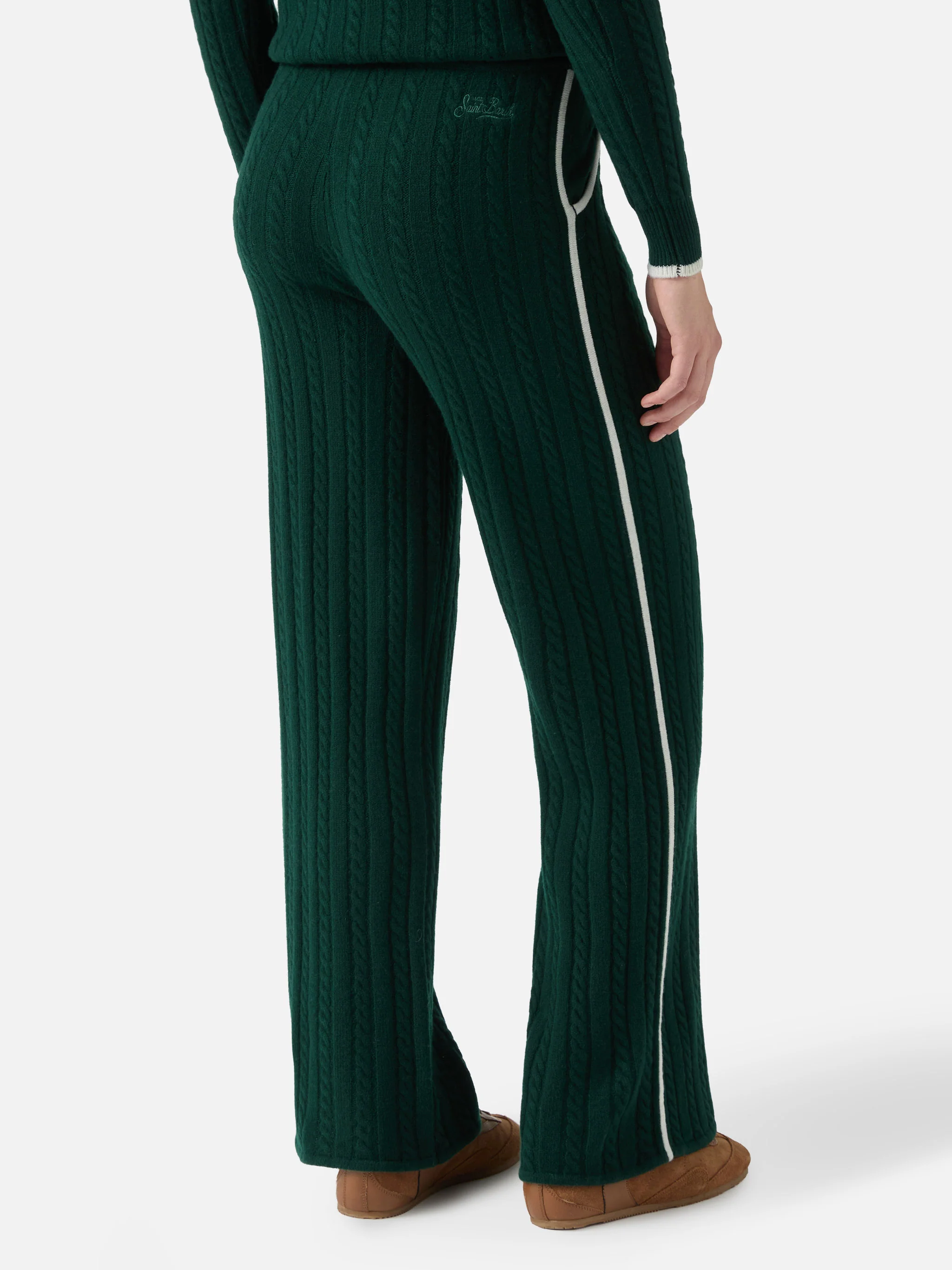 Dinard cable-knit trousers in British green wool with St. Barth embroidery - Image 3