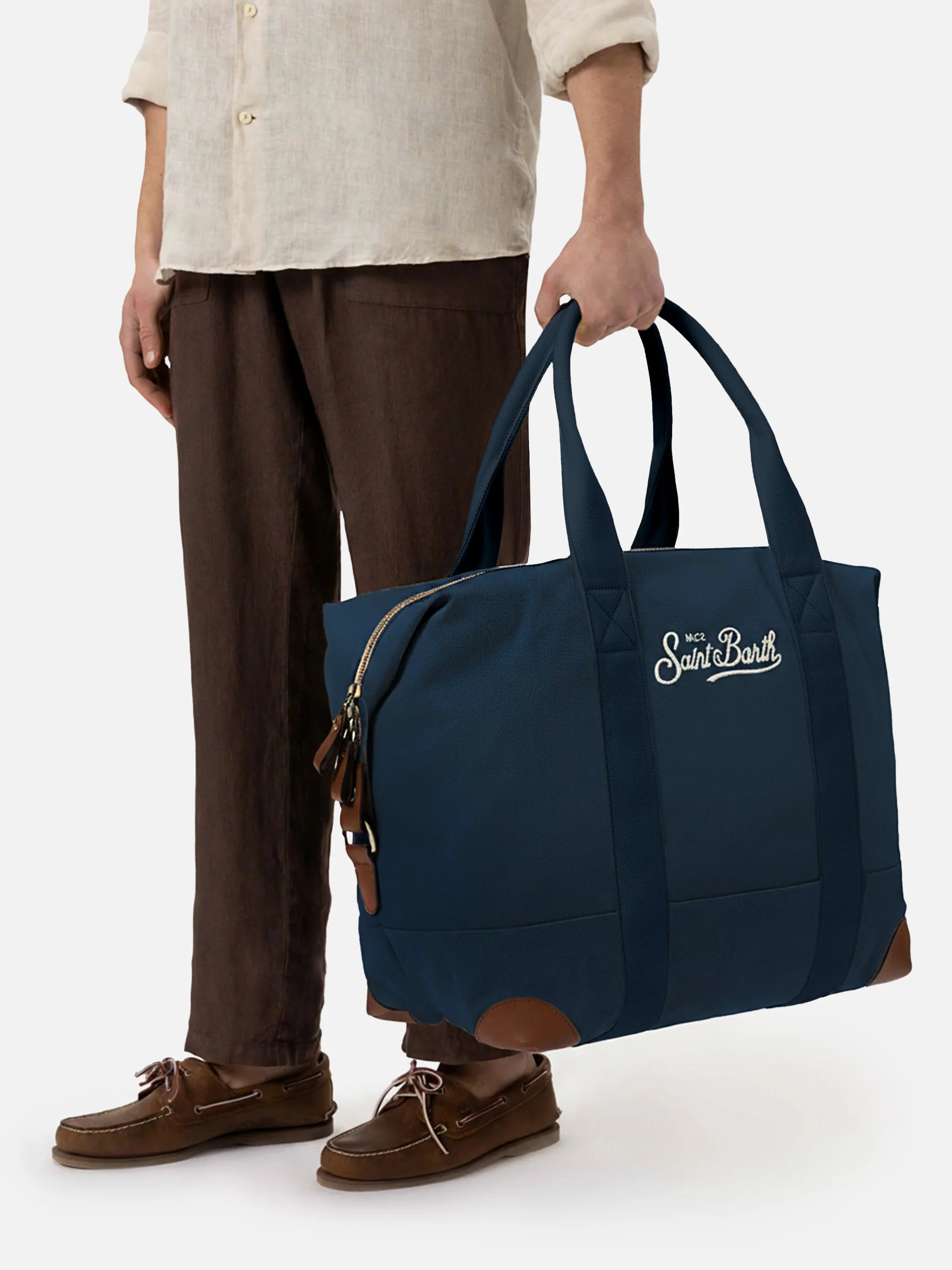 Travel duffel navy blue cotton canvas bag - Image 3